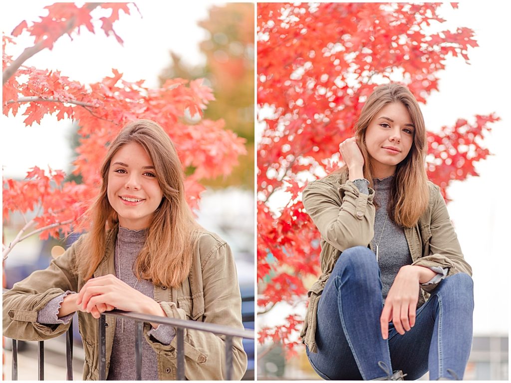 girl senior pictures by red maple tree
