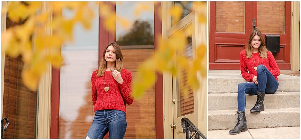 girl senior pictures in front of yellow building