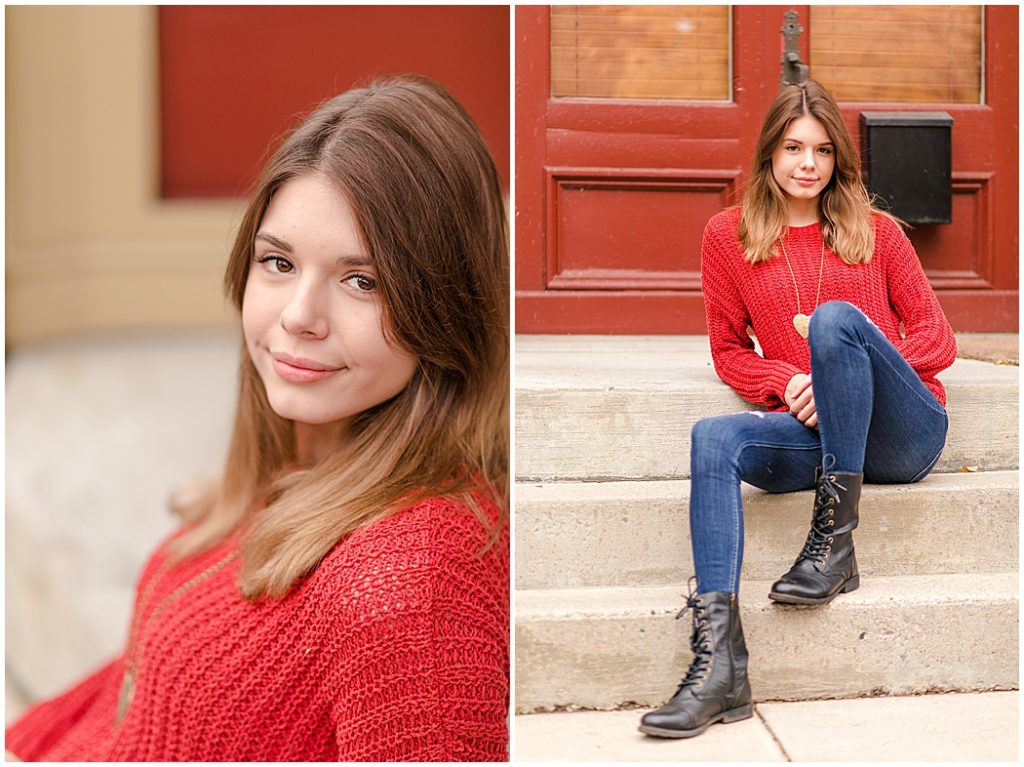 girl senior pictures in front of yellow building